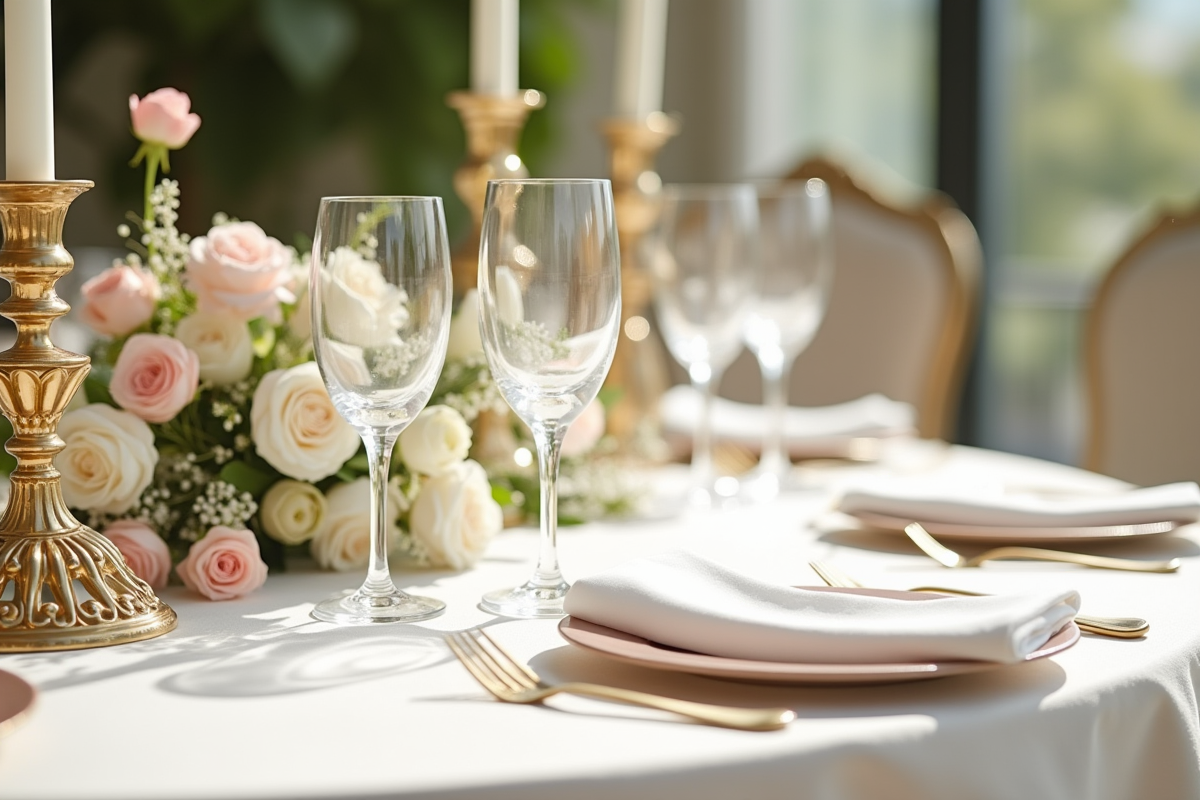 Accessoires de table de mariage avec verres et bougeoirs en lumière naturelle
