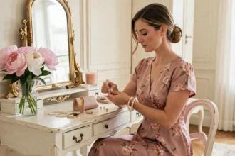 Femme élégante en robe fleurie rose poudré qui attache un bracelet de perles devant un miroir doré, entourée d'accessoires de mariage comme une pochette structurée et des boucles d'oreilles