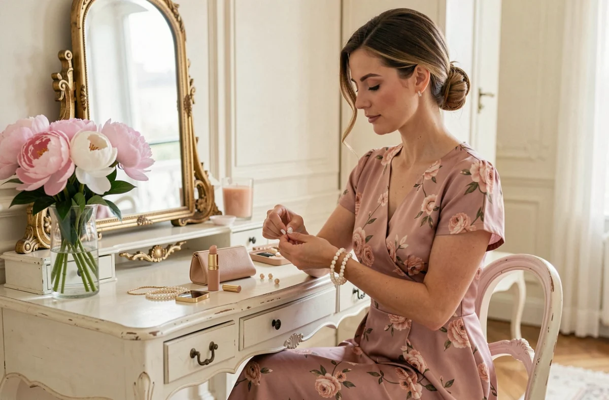 Femme élégante en robe fleurie rose poudré qui attache un bracelet de perles devant un miroir doré, entourée d'accessoires de mariage comme une pochette structurée et des boucles d'oreilles