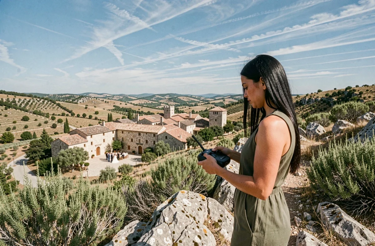 Vidéaste Airgène préparant un drone pour filmer un mariage depuis une colline dans les Pyrénées-Orientales