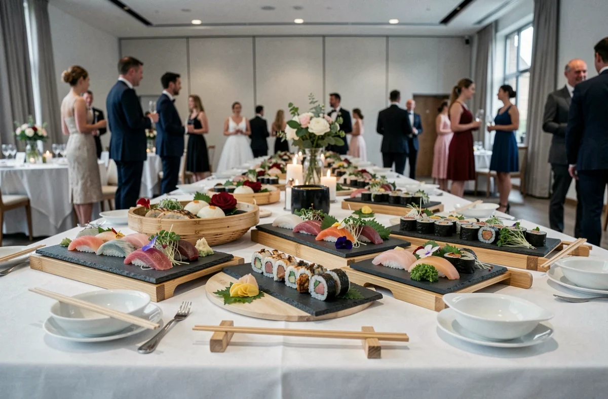 Buffet de mariage japonais d'Akatsushi Maubeuge avec plateaux de sushis et sashimis finement présentés