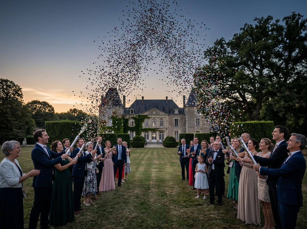 Allée de mariage en extérieur avec invités tenant des canons à confettis électriques créant un tunnel de confettis multicolores devant un château