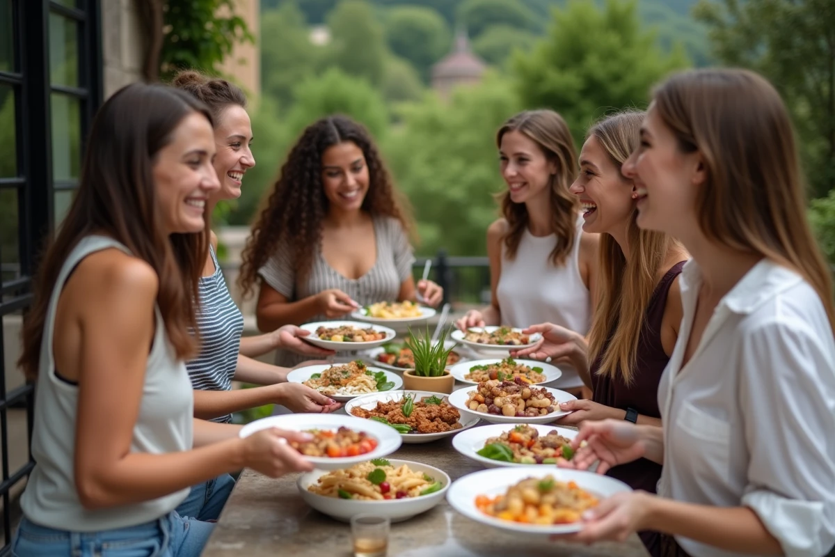 Jeunes amis discutant autour du buffet en terrasse