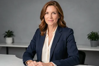 Animatrice de télévision souriante dans un studio professionnel, incarnant discrétion et vie privée préservée