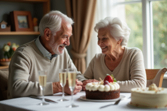 Couple âgé célébrant 60 ans de mariage à la maison