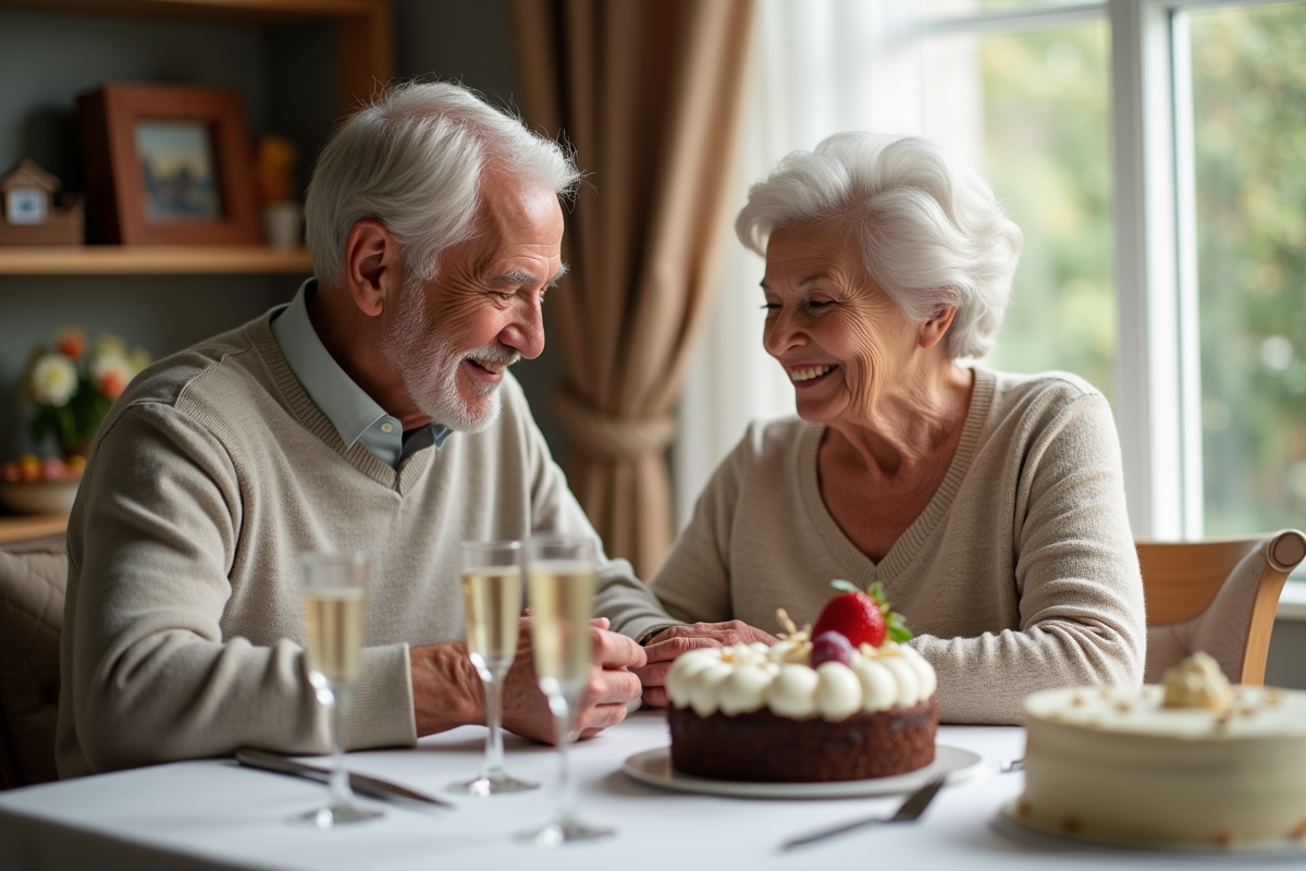 Couple âgé célébrant 60 ans de mariage à la maison
