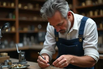 Artisan bijoutier gravant une bague sur mesure pour un pacs dans son atelier traditionnel