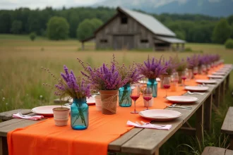 Table champêtre avec associations de couleurs à éviter, nappe orange vif et fleurs violettes en décor de mariage rustique