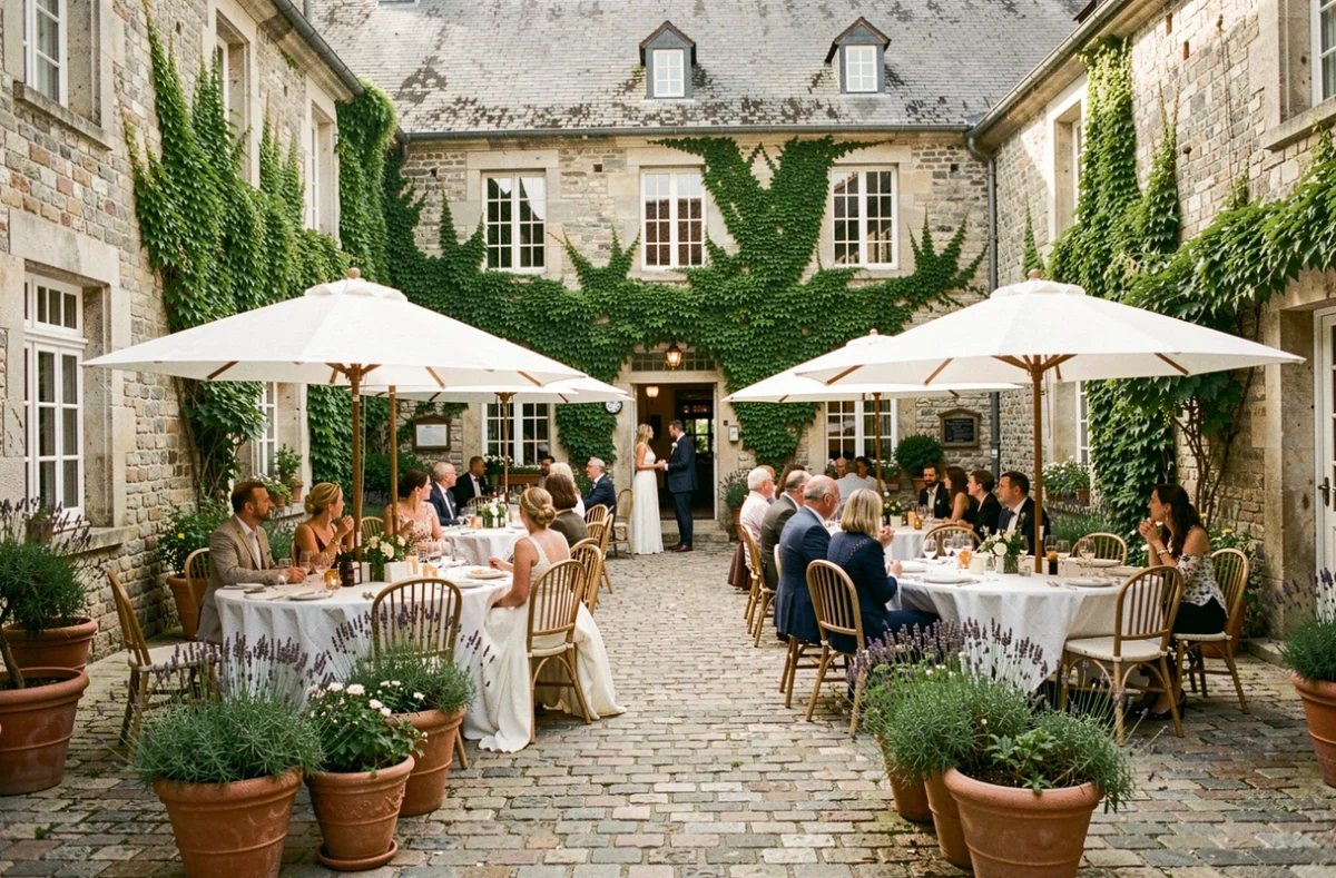 Réception de mariage dans la cour champêtre de l'Auberge De La Garenne avec tables dressées et décor en pierre