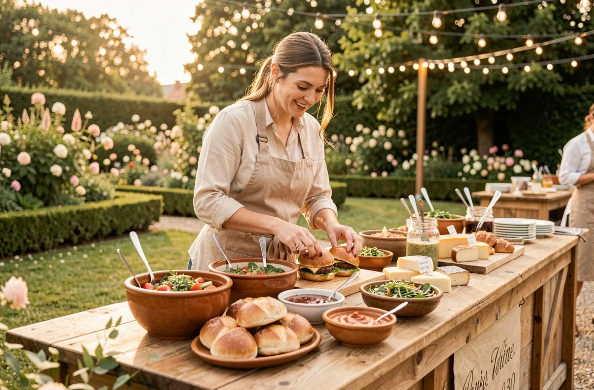 Stand de burgers gourmets d'Aux Folie's Burger lors d'une réception de mariage festive avec garnitures artisanales
