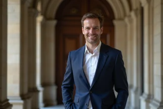 Portrait d'un homme politique français en costume bleu marine dans un couloir institutionnel parisien, illustrant la vie publique de Benjamin Haddad