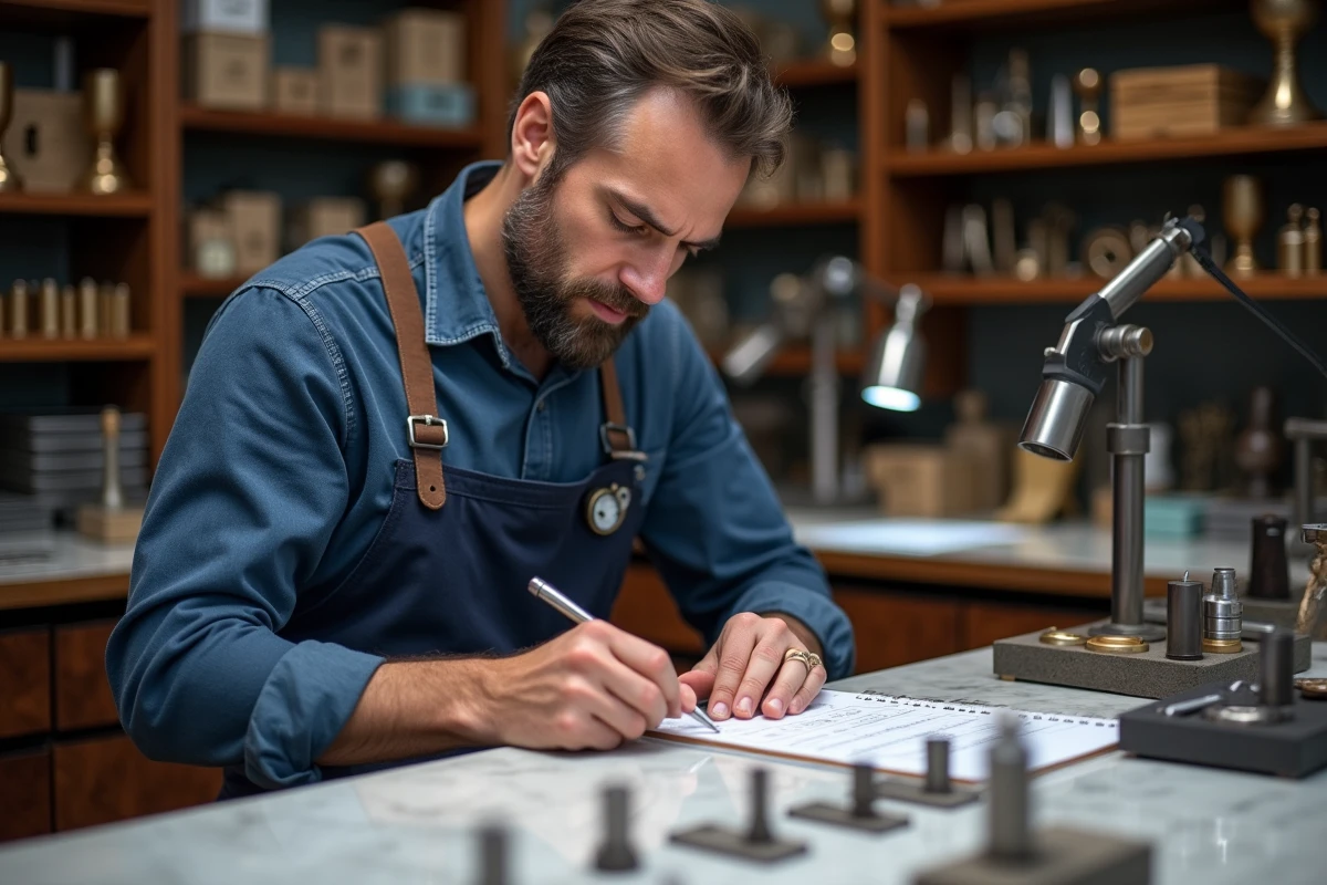 Bijoutier professionnel comparant des mandrels de calibrage et des tableaux de conversion de tailles de bagues dans un atelier traditionnel