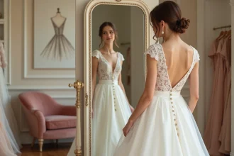 Jeune mariée essayant une robe de mariée ivoire dans une boutique élégante et intimiste, se regardant dans un miroir ancien avec une expression émue
