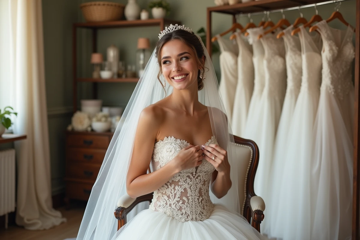 Jeune mariée souriante en robe de princesse dans boutique vintage
