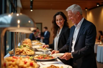 Couple en tenue business casual au buffet élégant