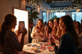 Photo booth élégant lors d un événement intérieur avec invités souriants