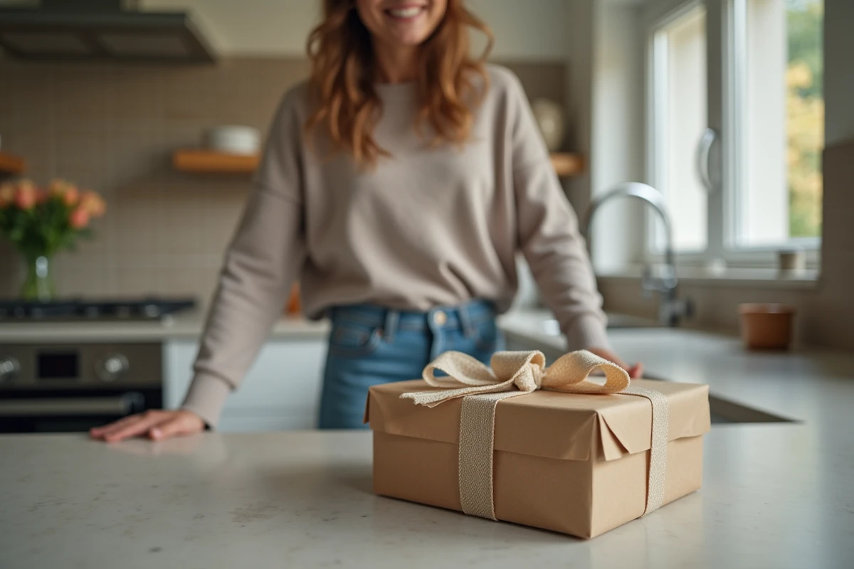 Femme ouvrant un cadeau dans une cuisine chaleureuse