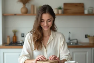 Jeune femme préparant un cadeau personnalisé pour témoin de mariage sur une table en bois rustique