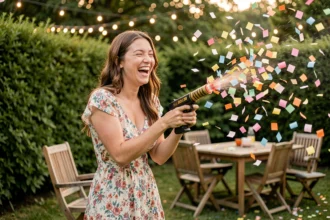 Jeune femme tirant un canon à confettis biodégradable de 80 cm lors d'une fête en plein air dans un jardin verdoyant
