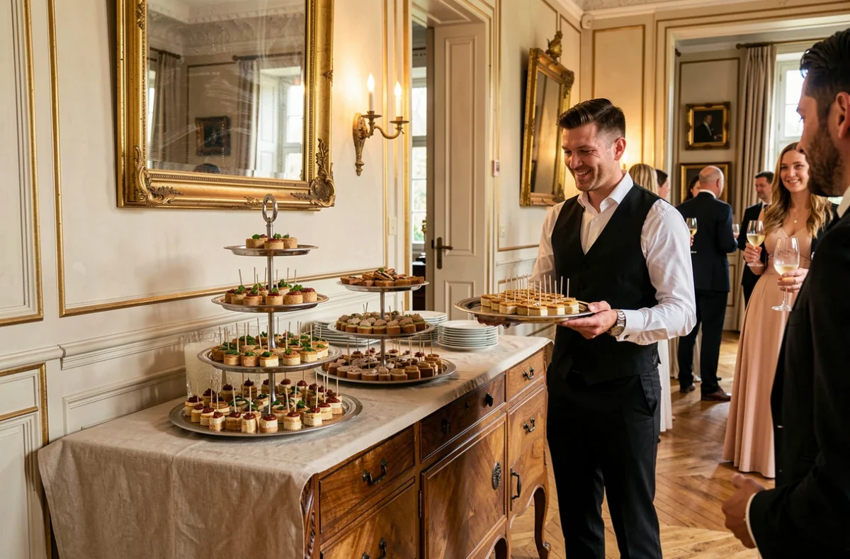 Service de cocktail de mariage par Capdevielle Traiteur avec canapés raffinés dans un salon de château