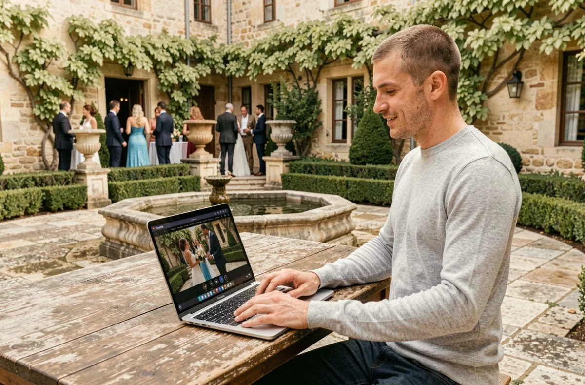 Vidéaste CL Wedding Film révisant des images sur un ordinateur dans la cour d'un château en Languedoc