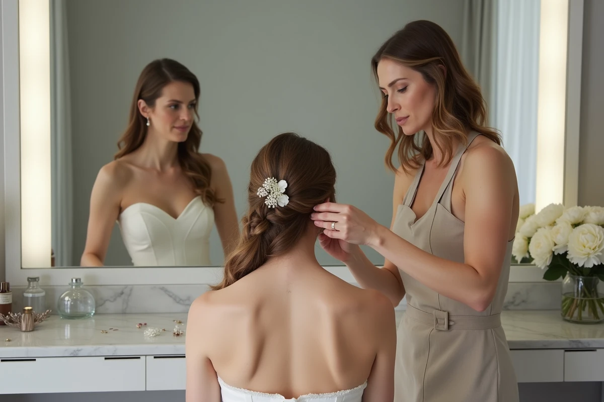 Coiffeuse plaçant une fleur fraîche dans une natte floue romantique sur une mariée devant un grand miroir de loge nuptiale élégante