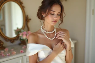 Mariée portant un collier de perles blanches longueur ras-du-cou avec une robe de mariée en satin ivoire