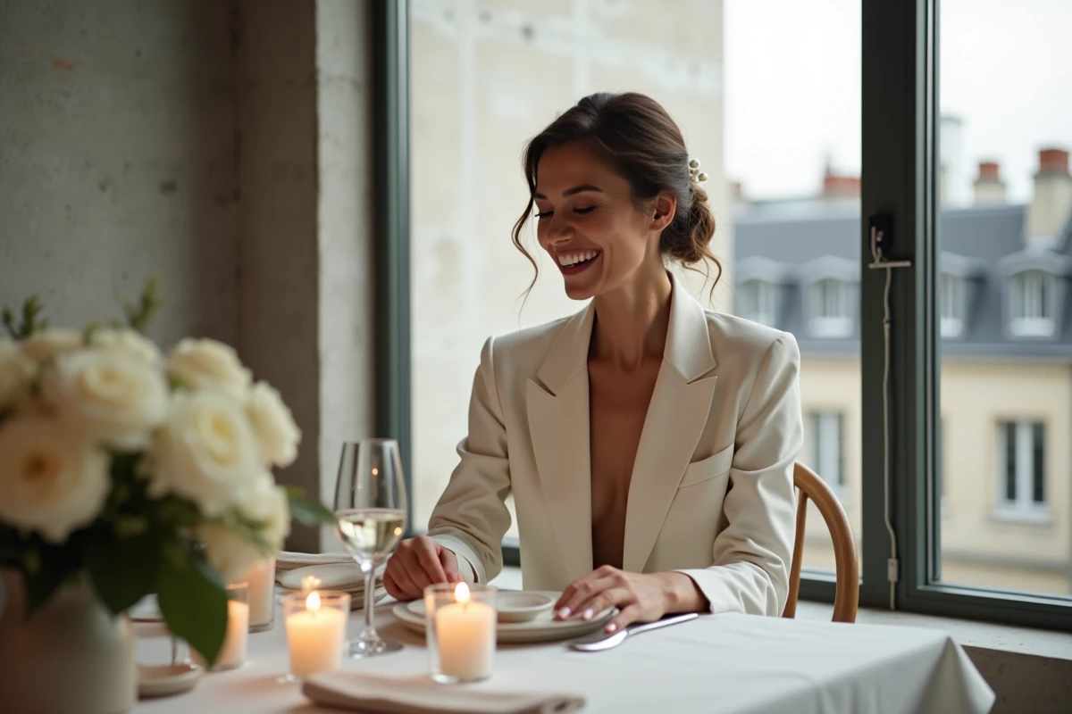 Mariée en combinaison ivoire et blazer assise à une table de réception intimiste dans un loft parisien avec vue sur les toits