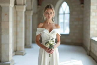 Mariée en combinaison blanche ivoire en crêpe à col bardot dans une chapelle d'hiver aux murs en pierre
