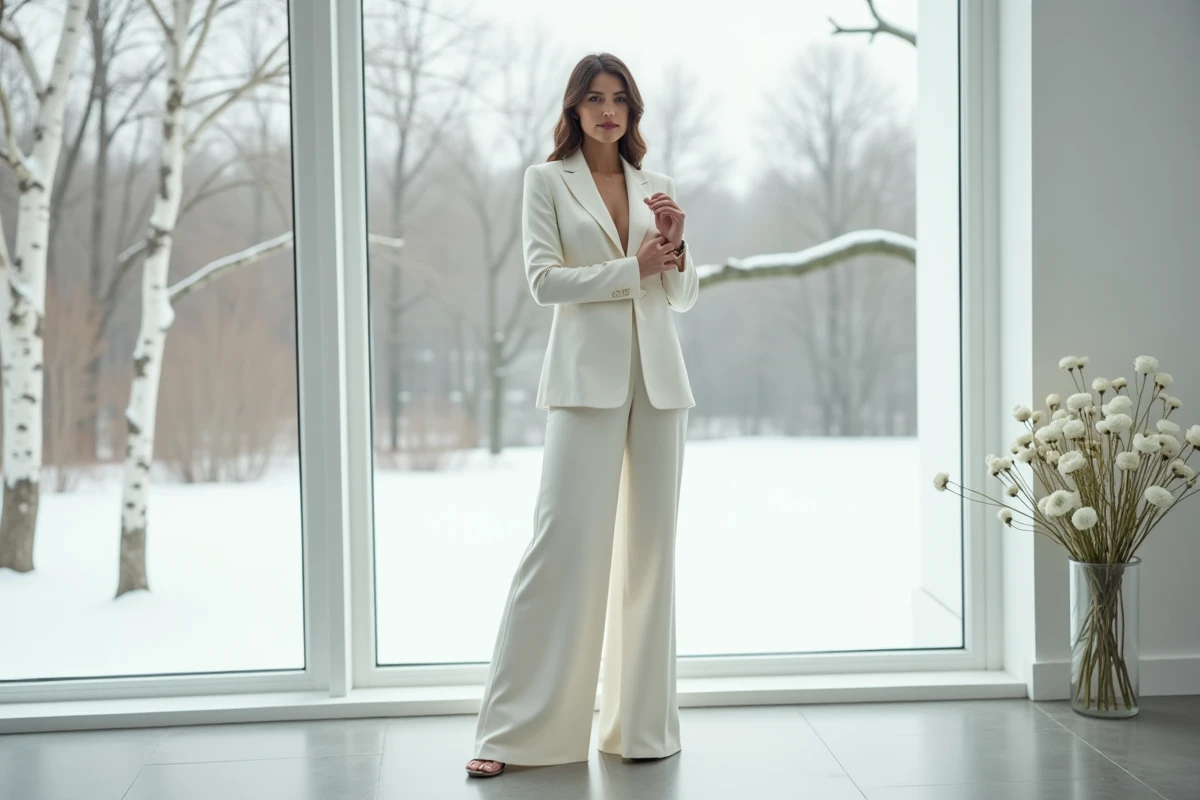 Mariée en combinaison satin blanc à veste structurée devant une fenêtre panoramique dans un hall de réception hivernal