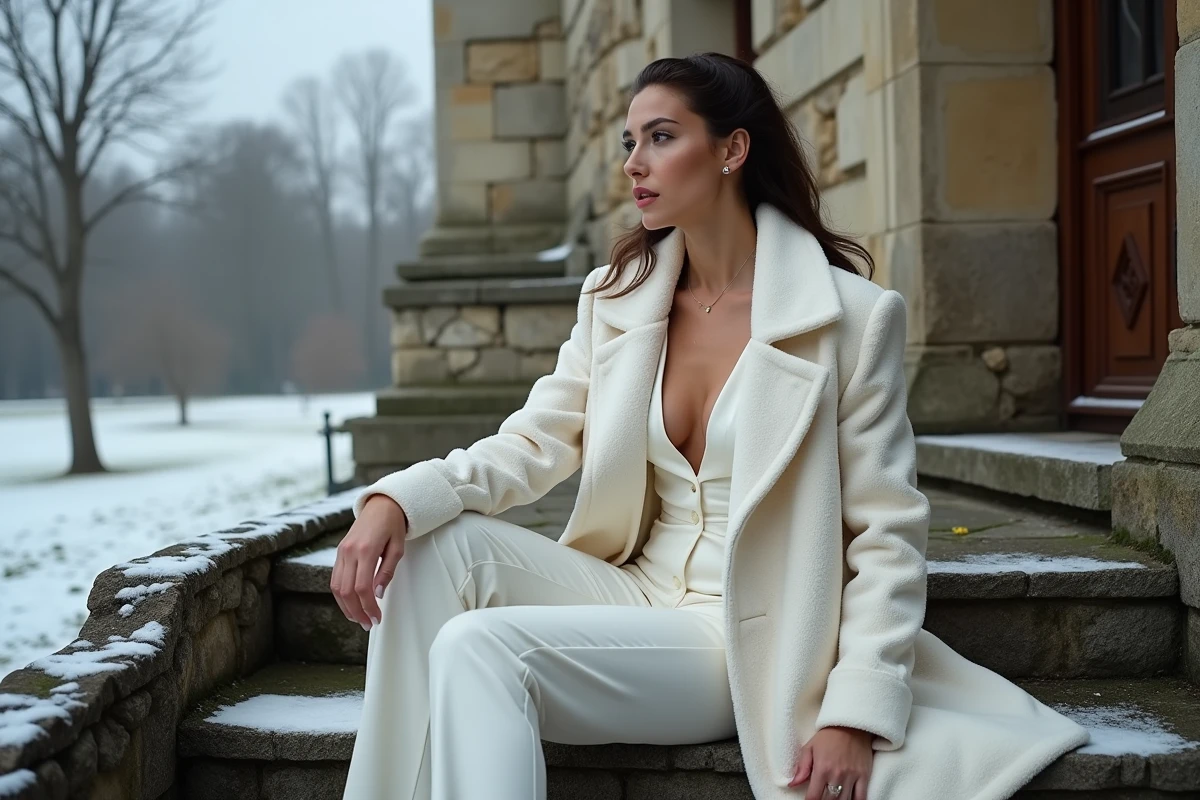 Mariée assise en combinaison velours blanc manches longues sur un escalier de manoir en hiver