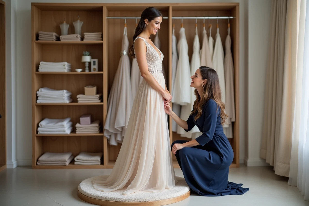 Conseillère en mariage ajustant l'ourlet d'une robe de mariée champagne sur une mariée souriante dans une cabine d'essayage de boutique spécialisée