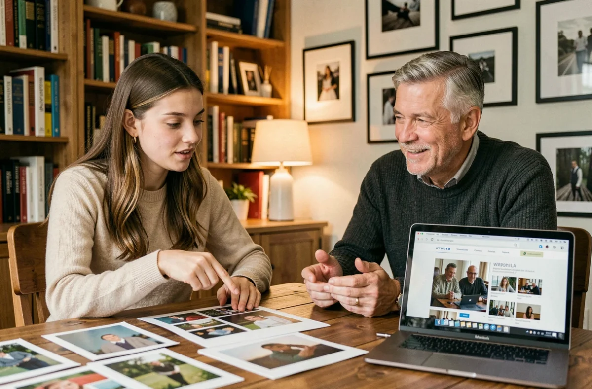 Client et photographe examinant un portfolio imprimé lors d'une consultation dans un bureau décoré de tirages photo