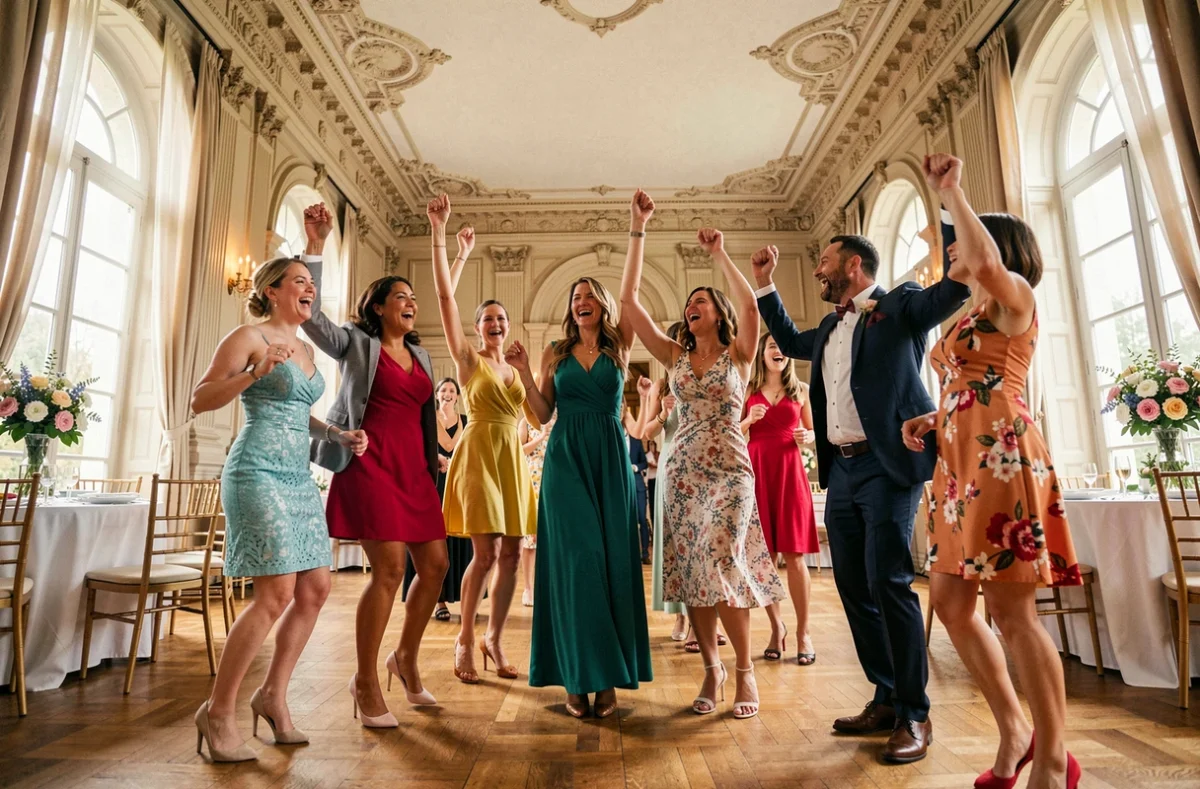 Groupe de convives dansant joyeusement dans un château lors d'une réception de mariage animée par des tubes feel good en 2026