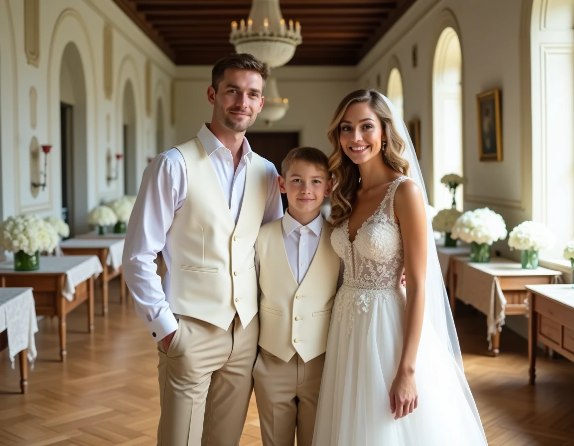 Famille du mariage coordonnée en gilet blanc et robe ivoire posant dans une salle de réception de château élégante