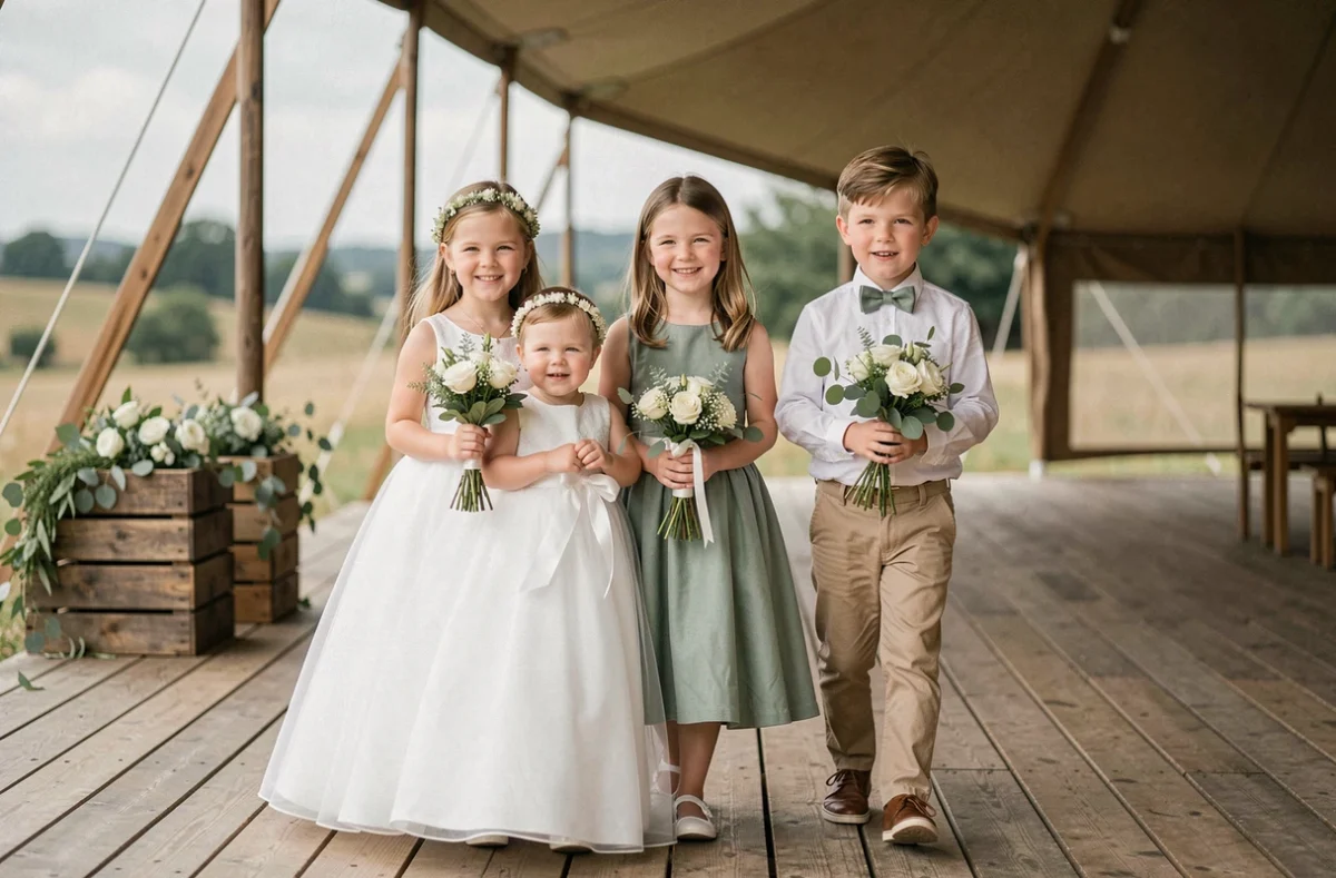 Cortège enfant coordonné avec robe de mariage pour bébé en chiffon blanc, vert sauge et lin dans un domaine champêtre