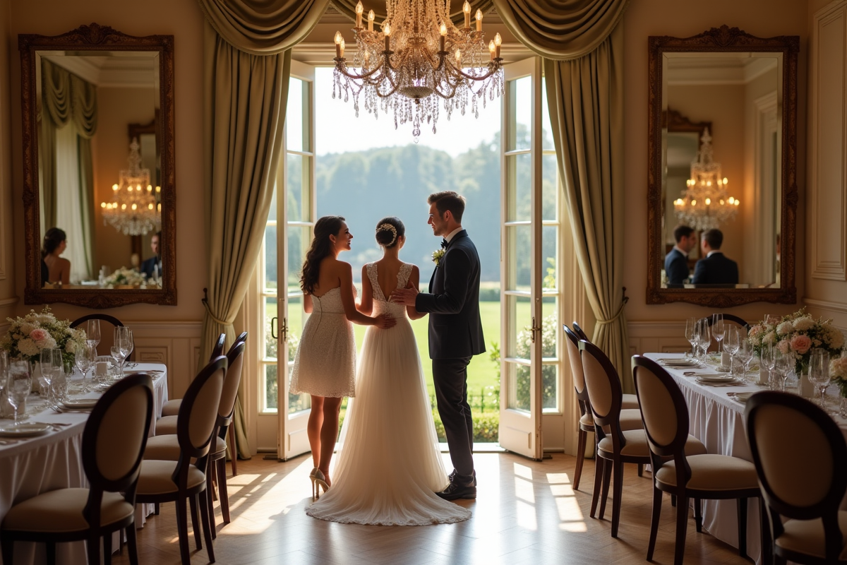 Cinq couples en tenue de mariage dans une salle de réception