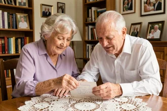 Couple de personnes âgées lisant une carte de mariage pour leurs 70 ans de noces de platine autour d'une table en bois