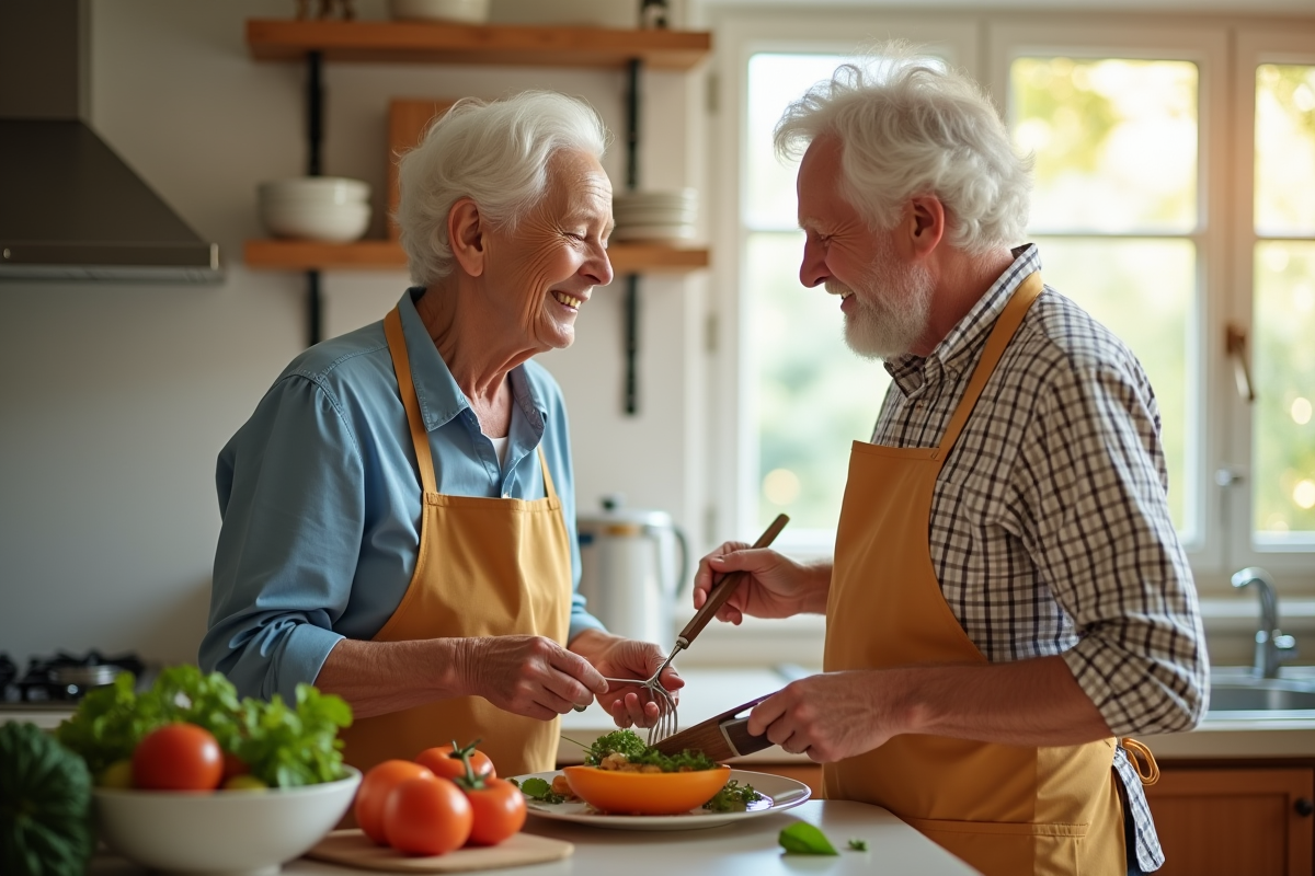 Couple âgé cuisinant ensemble dans une cuisine lumineuse