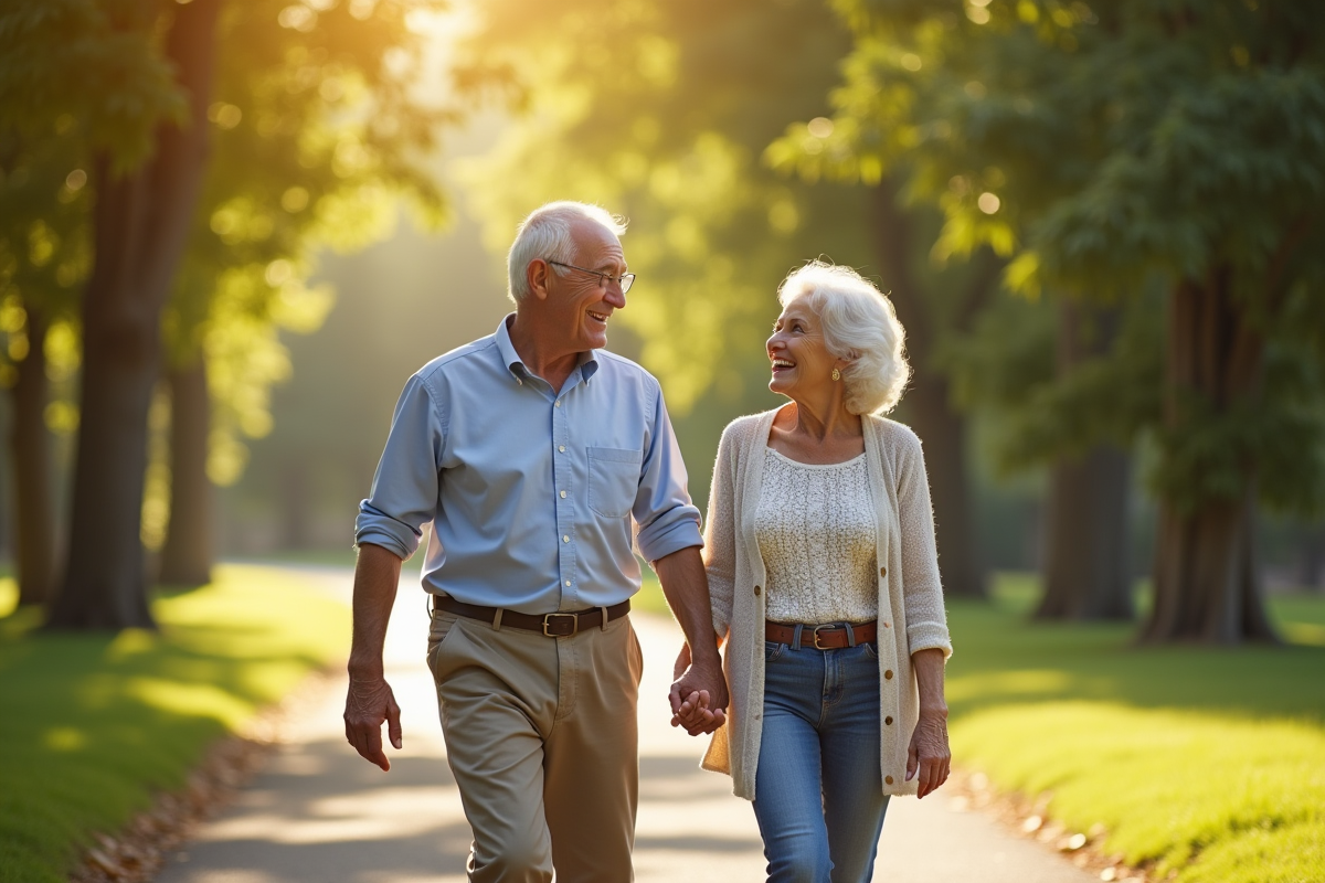 Couple âgé souriant main dans la main dans un parc ensoleille