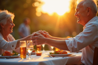 Couple d'anciens souriants lors d'un dîner d'anniversaire en extérieur