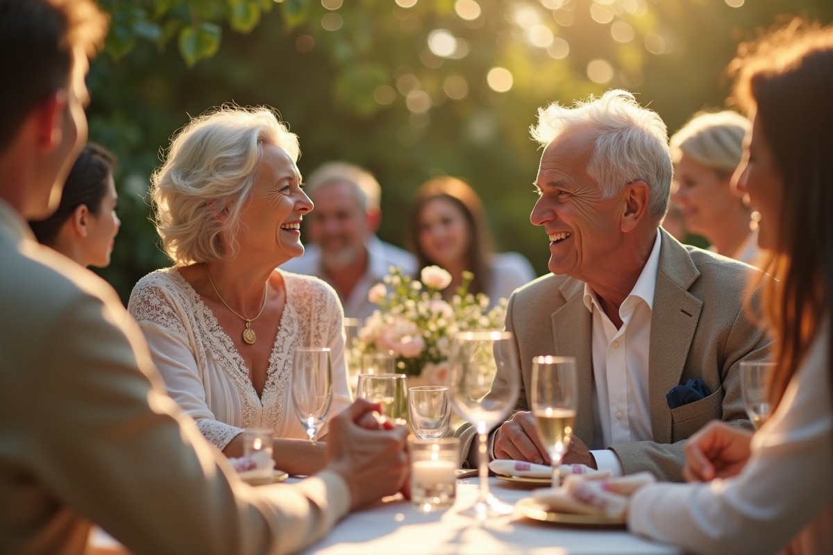 Couple d'anciens souriants lors d'une fête en extérieur