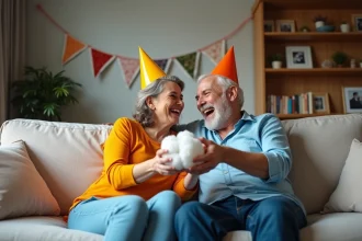 Couple d'âge moyen riant avec cadeau anniversaire
