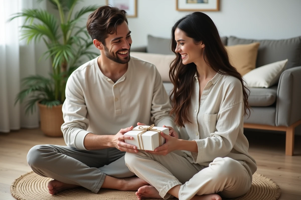 Jeune couple échangeant un cadeau en coton dans un salon moderne