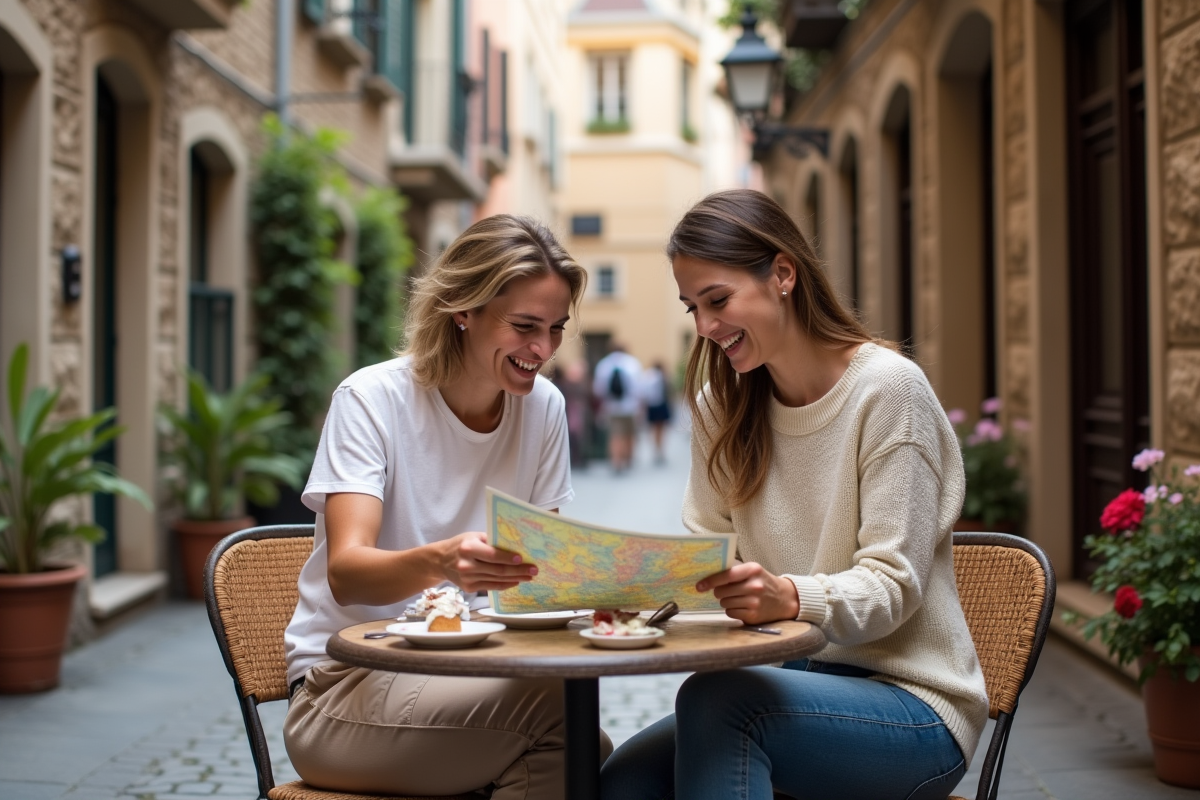 Jeune couple riant dans un café en ville