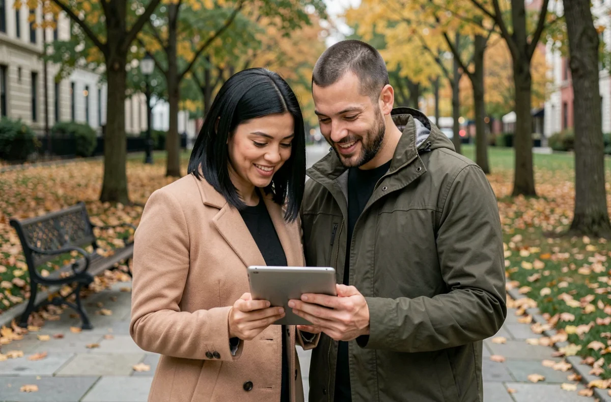 Couple regardant un test de compatibilité par prénom sur une tablette dans un parc en automne
