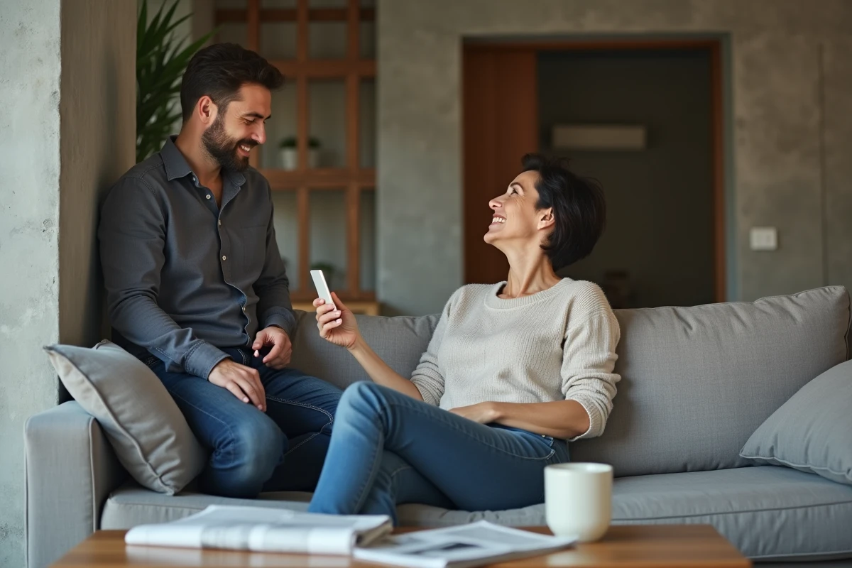 Couple partageant un moment complice dans un salon contemporain, illustrant l'équilibre entre vie personnelle et carrière médiatique