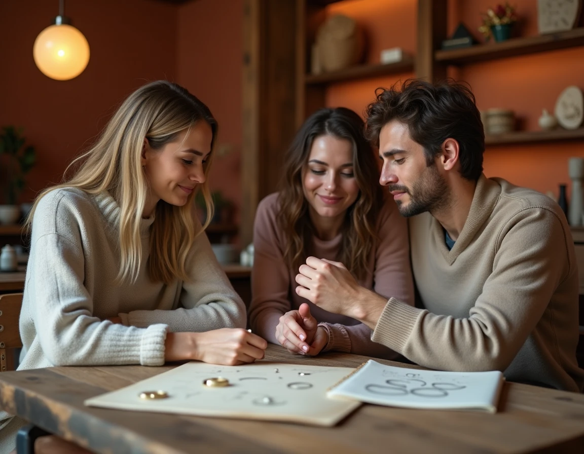 Couple consultant un bijoutier artisan pour choisir une bague de pacs personnalisée