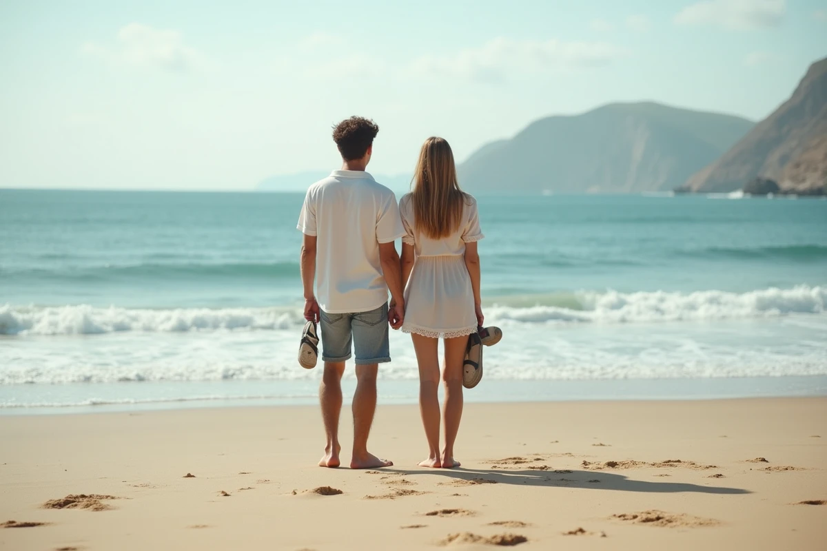 Couple sur la plage regardant la mer calme