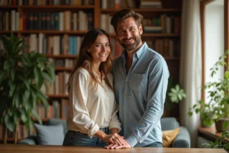 Couple souriant dans un salon chaleureux avec livres et plantes